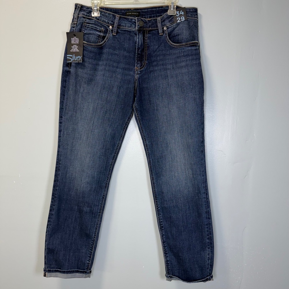Silver Jeans Co Boyfriend Slim Leg Mid Rise Dark Wash Jeans W34 L29 NWT